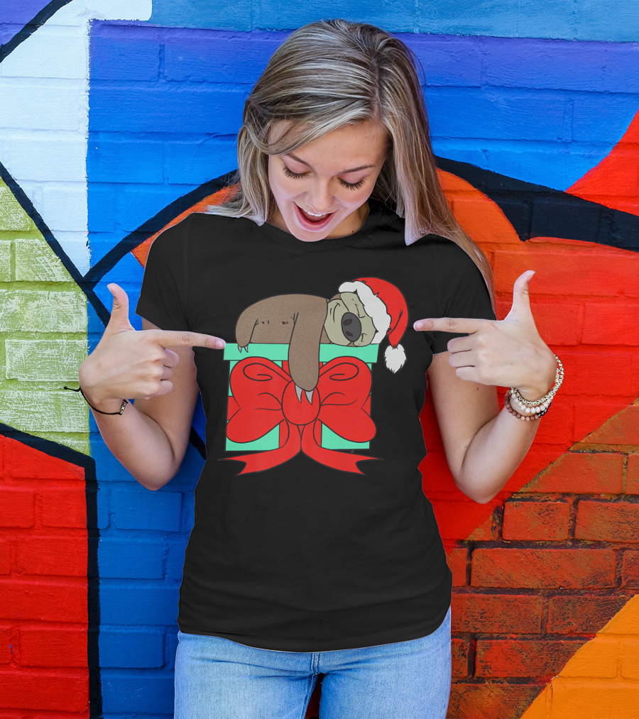 Lazy Christmas Sloth With Santa Hat And Gift Box Cute Funny Love It T-Shirt