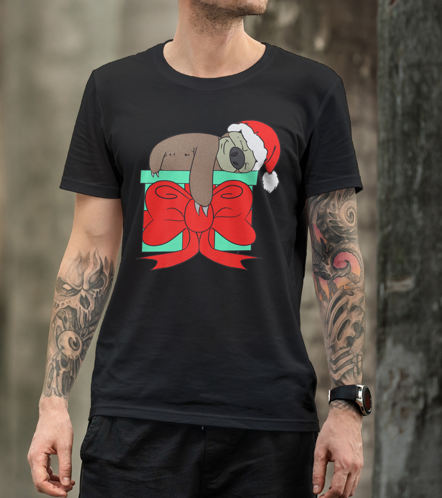 Lazy Christmas Sloth With Santa Hat And Gift Box Cute Funny Love It T-Shirt