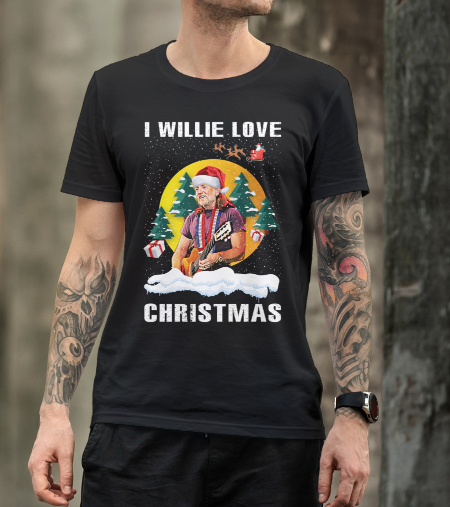 I Willie Love Christmas Santa Hat Guitar Snow Scene T-Shirt
