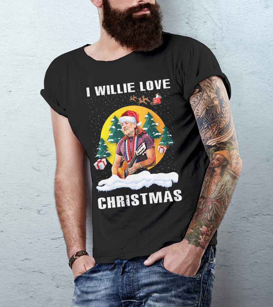 I Willie Love Christmas Santa Hat Guitar Snow Scene T-Shirt