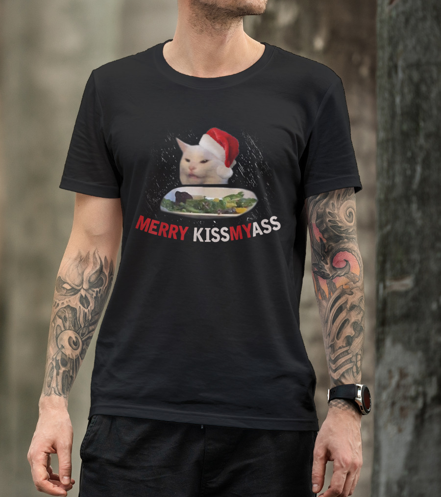 Merry Kissmyass Smudge Cat Funny Xmas Family Santa Hat T-Shirt