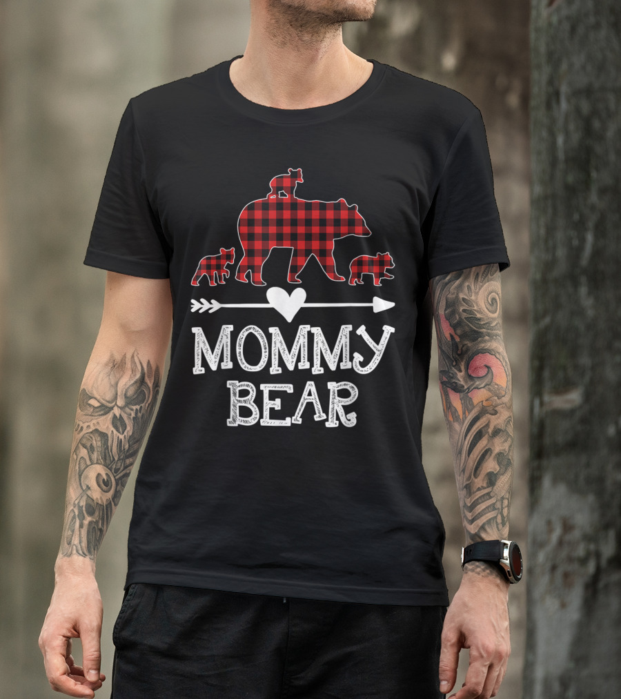 Mommy Bear Red Plaid Three Cubs Heart Arrow T-Shirt