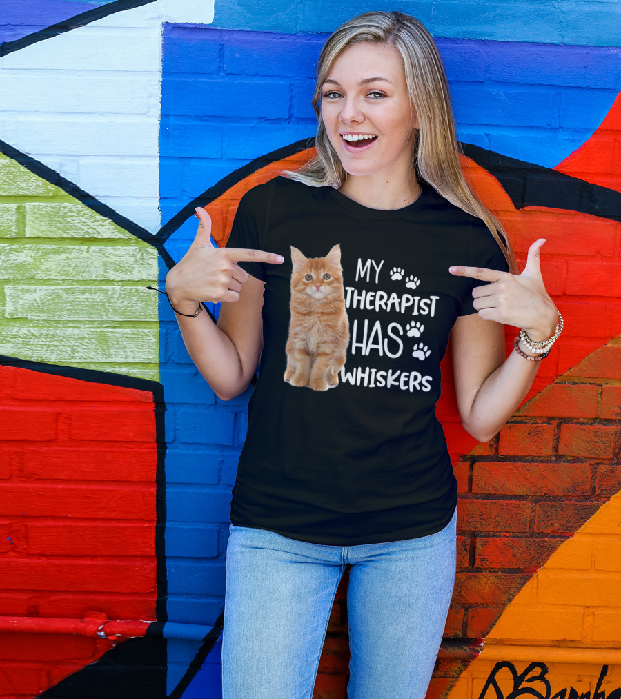 My Therapist Has Whiskers Funny Cat Lovers With Paw Prints And Orange Kitten T-Shirt