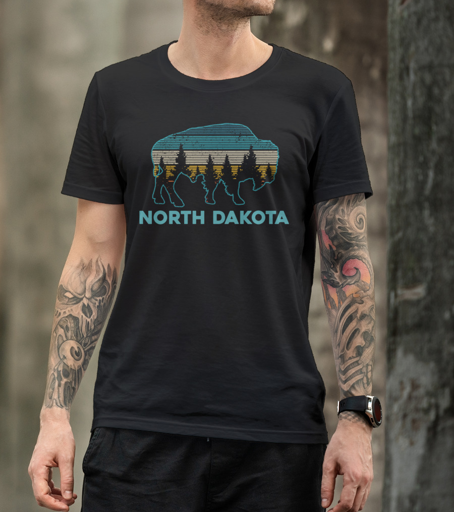 North Dakota Vintage American Buffalo With Forest T-Shirt