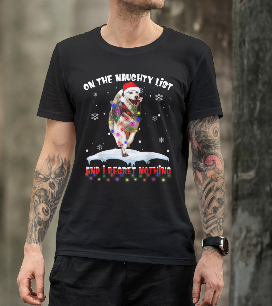 On The Naughty List And I Regret Nothing Husky In Santa Hat With Christmas Lights And Snowflakes T-Shirt