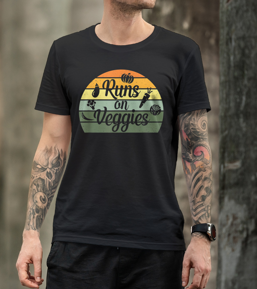 Runs On Veggies Retro Vintage Style Vegetarian Vegan T-Shirt