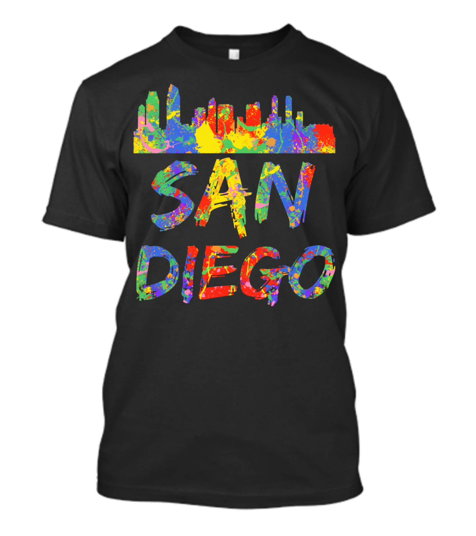 San Diego Rainbow Skyline Cali City Vibrant Text T-Shirt