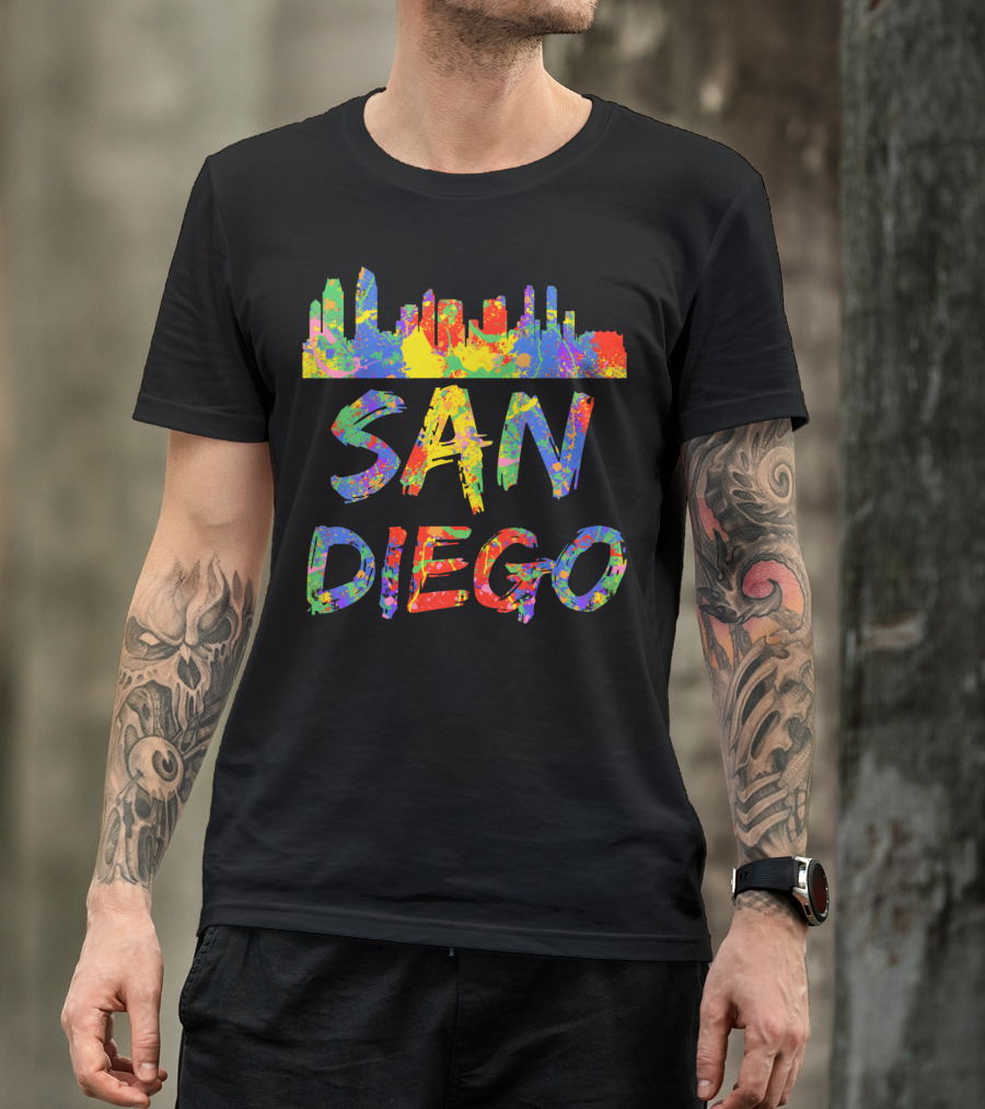San Diego Rainbow Skyline Cali City Vibrant Text T-Shirt