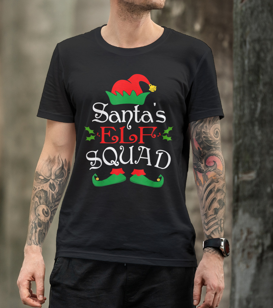 Santa's Elf Squad Christmas Elves Festive Holiday Team With Holly And Elf Hat T-Shirt