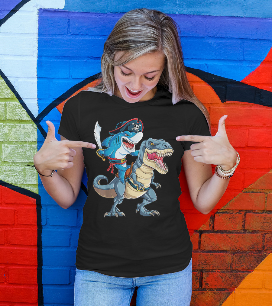Shark Pirate Riding Dinosaur Rex Jawsome Adventure T-Shirt