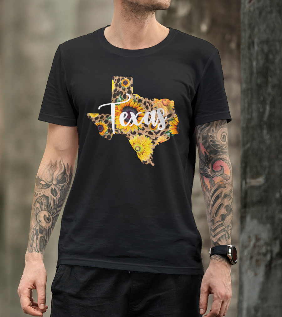 Texas Sunflower Leopard Print Wildflower State Map T-Shirt