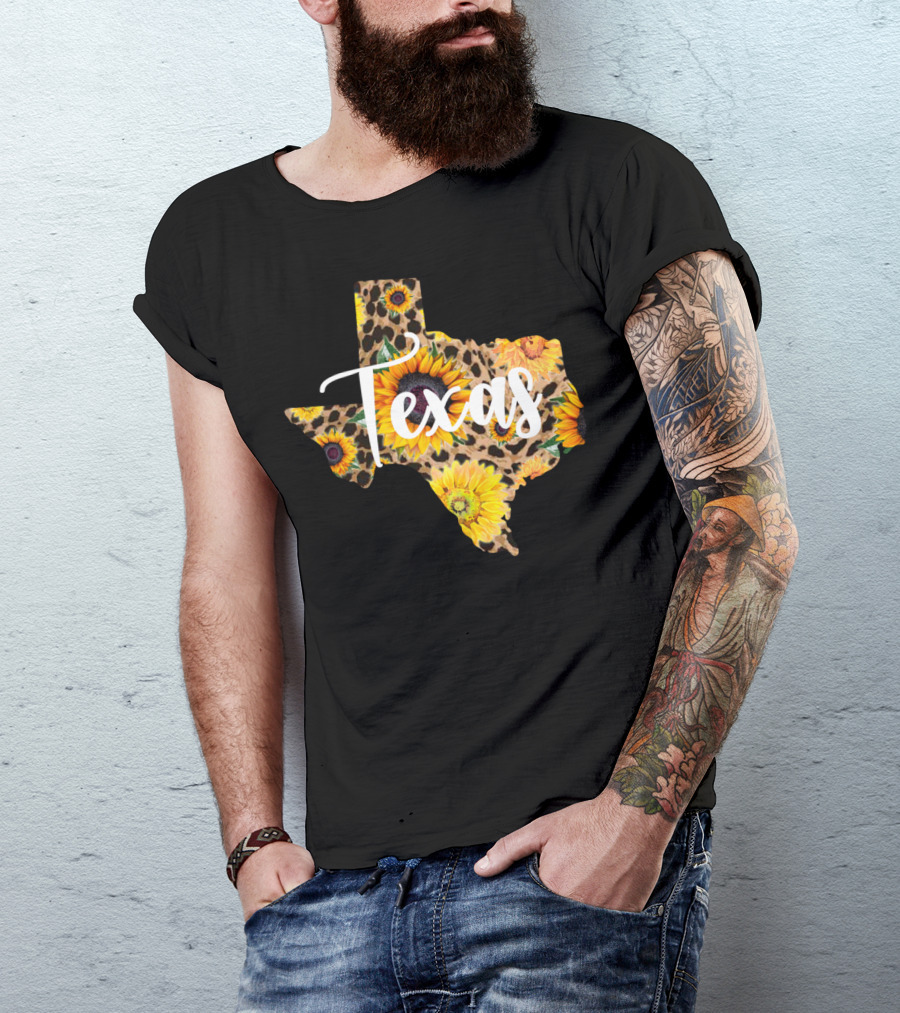 Texas Sunflower Leopard Print Wildflower State Map T-Shirt