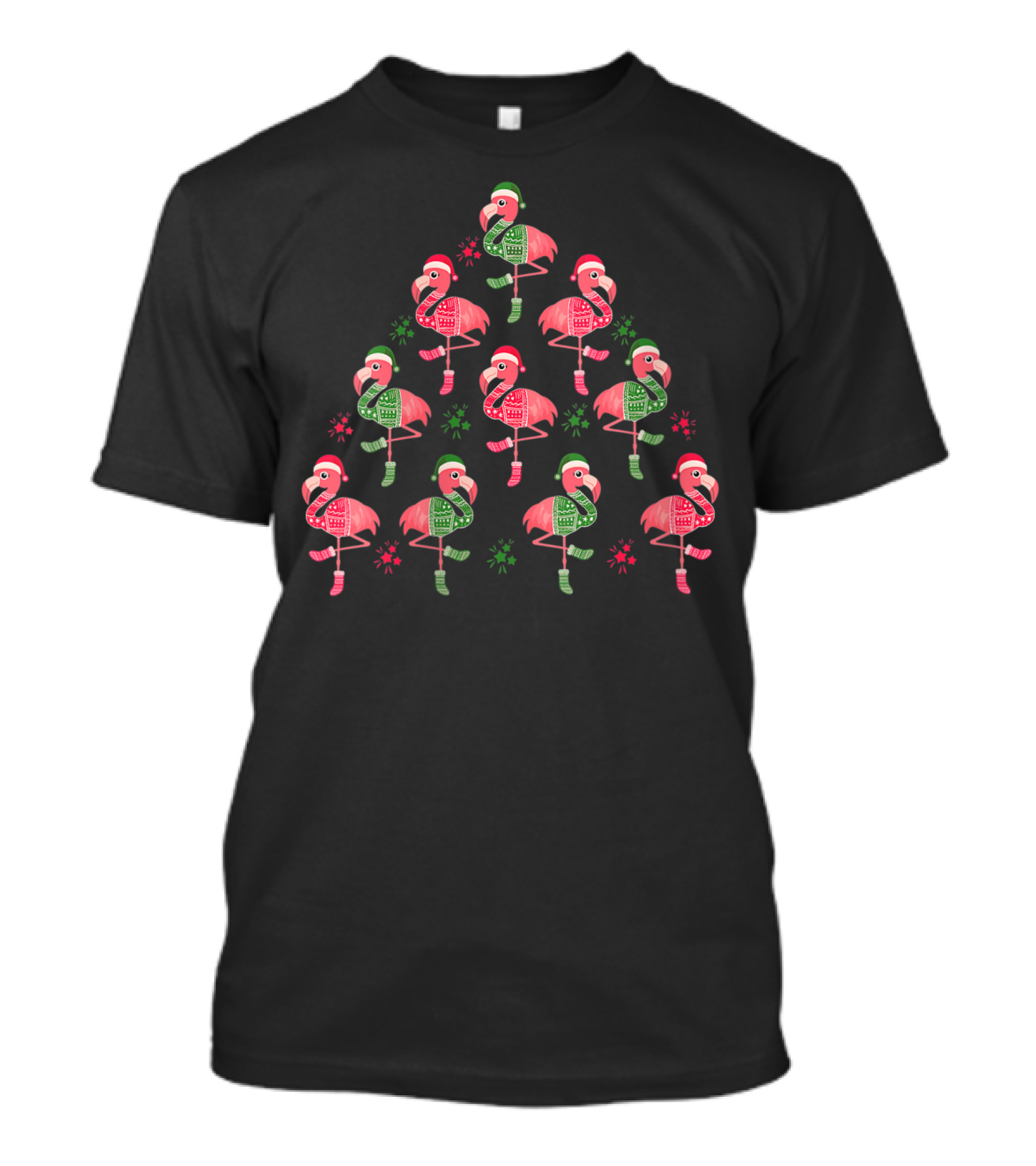 Flamingo Christmas Tree With Santa Hats And Holiday Sweaters T-Shirt