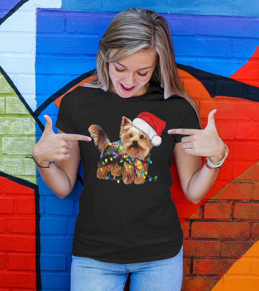 Yorkie Christmas Lights Santa Hat T-Shirt
