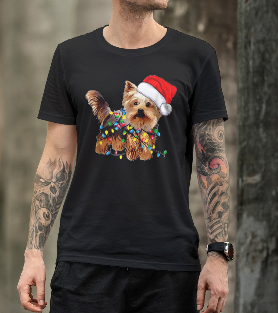 Yorkie Christmas Lights Santa Hat T-Shirt