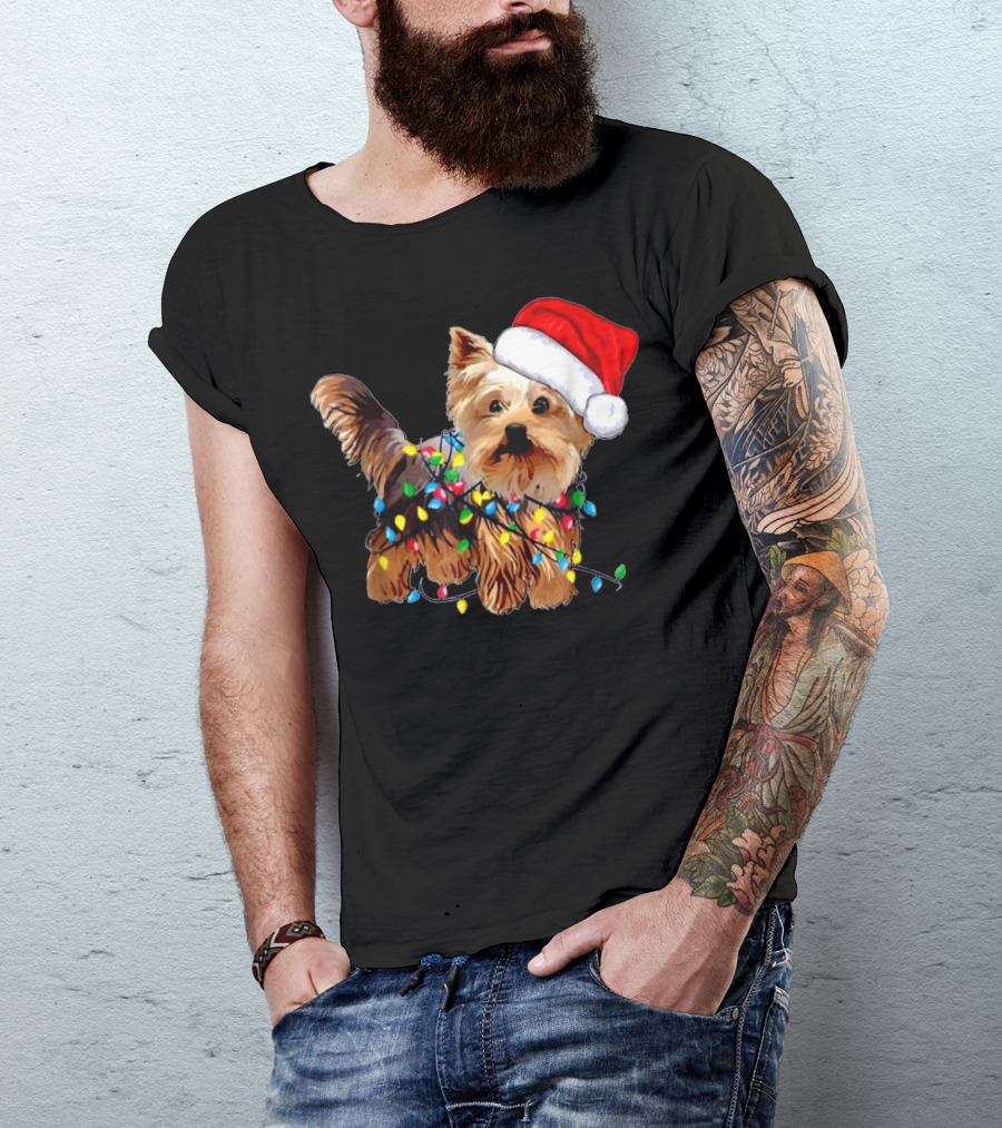 Yorkie Christmas Lights Santa Hat T-Shirt