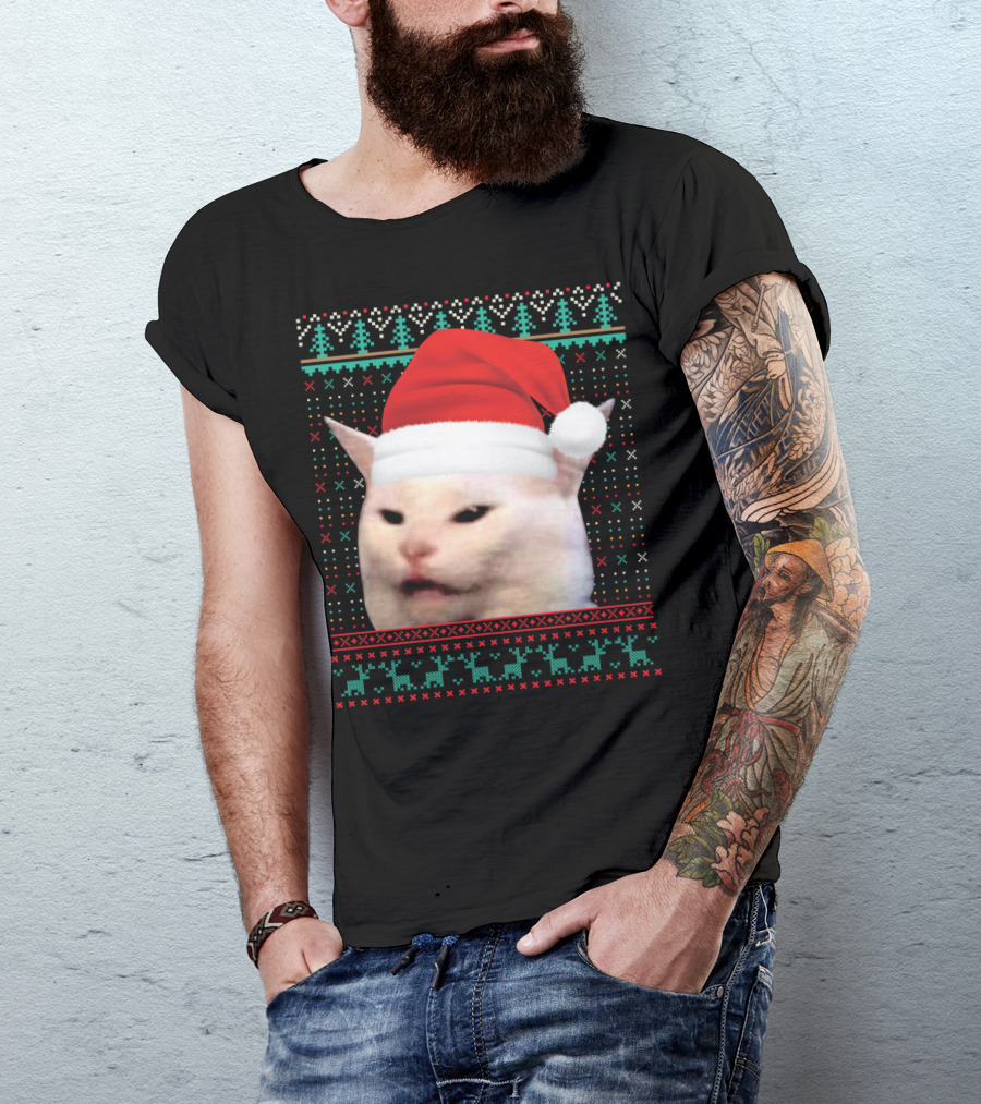Cat Ugly Santa Hat Christmas Sweater Meme T-Shirt