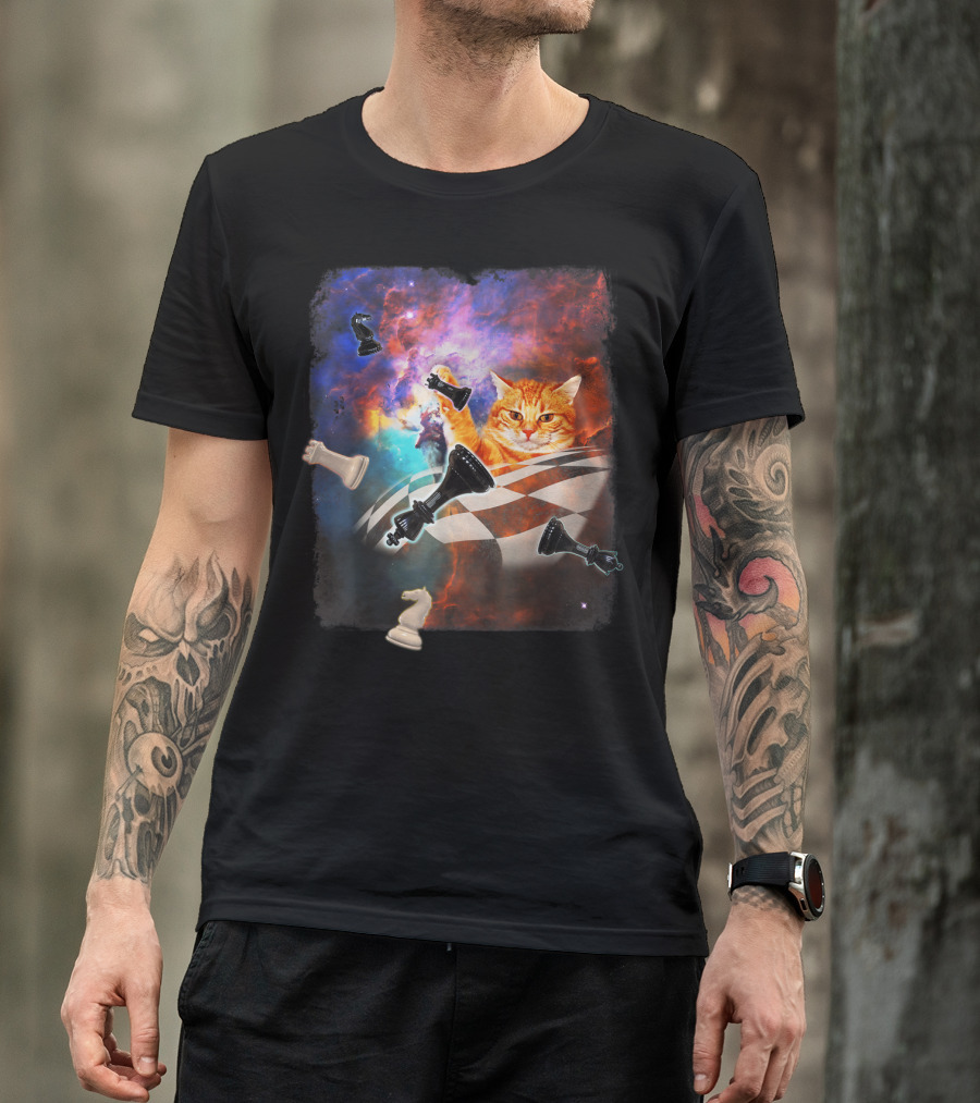 Chess Cat Floating Between Stars And Nebula With Chess Pieces T-Shirt