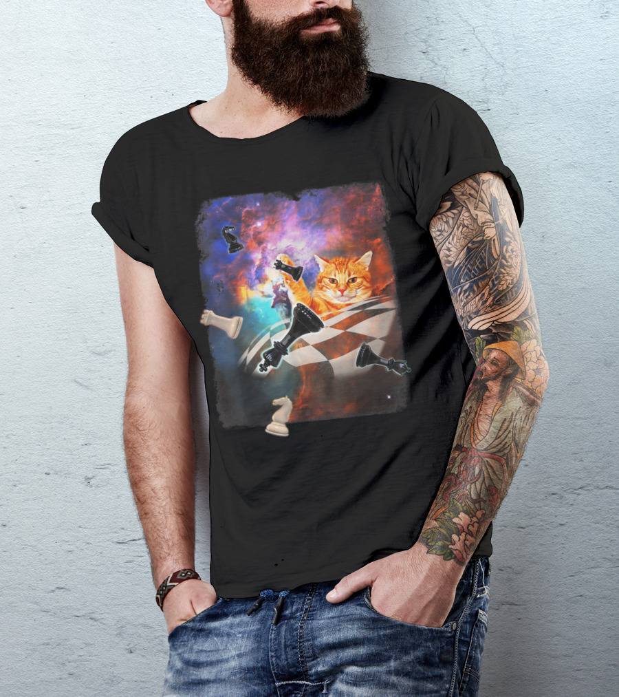 Chess Cat Floating Between Stars And Nebula With Chess Pieces T-Shirt