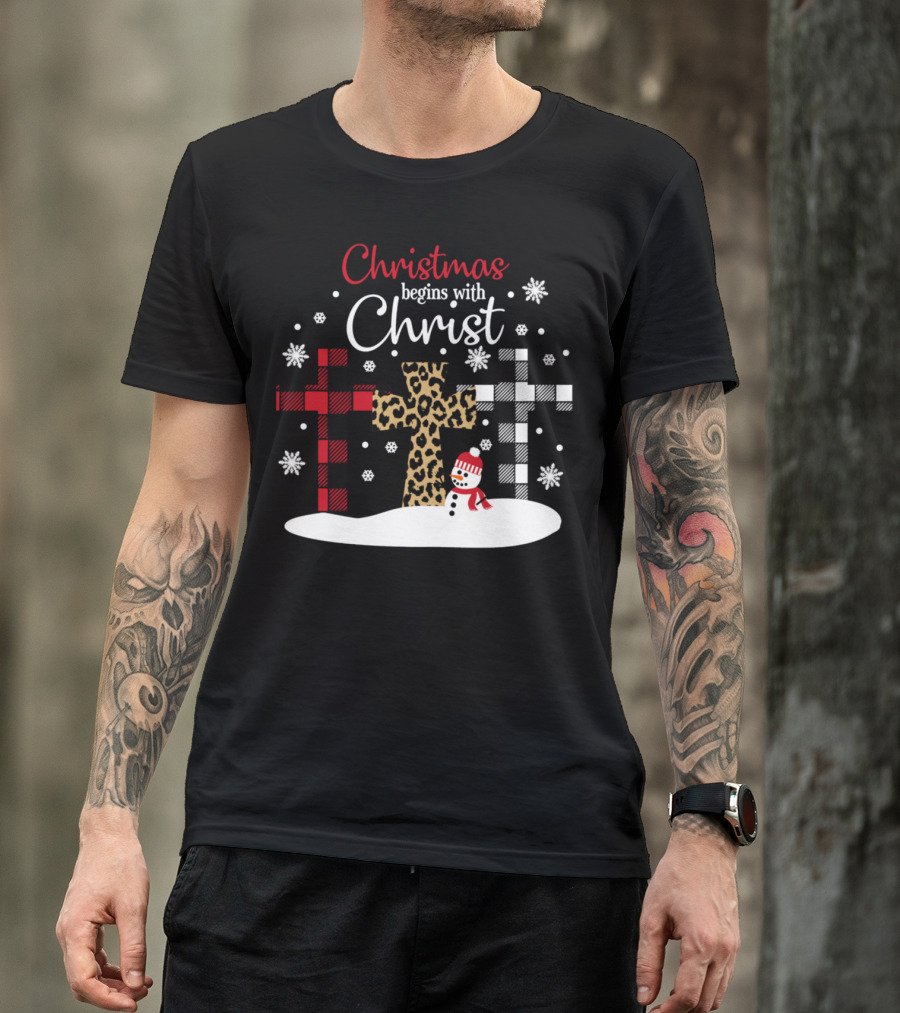 Christmas Begins With Christ Snowman And Patterned Crosses T-Shirt