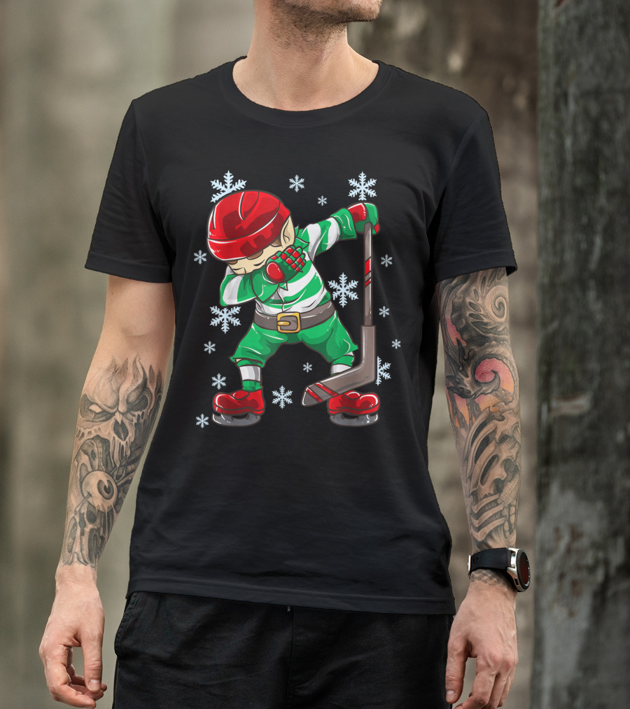 Christmas Elf Dabbing Ice Hockey Snowflake Squad T-Shirt