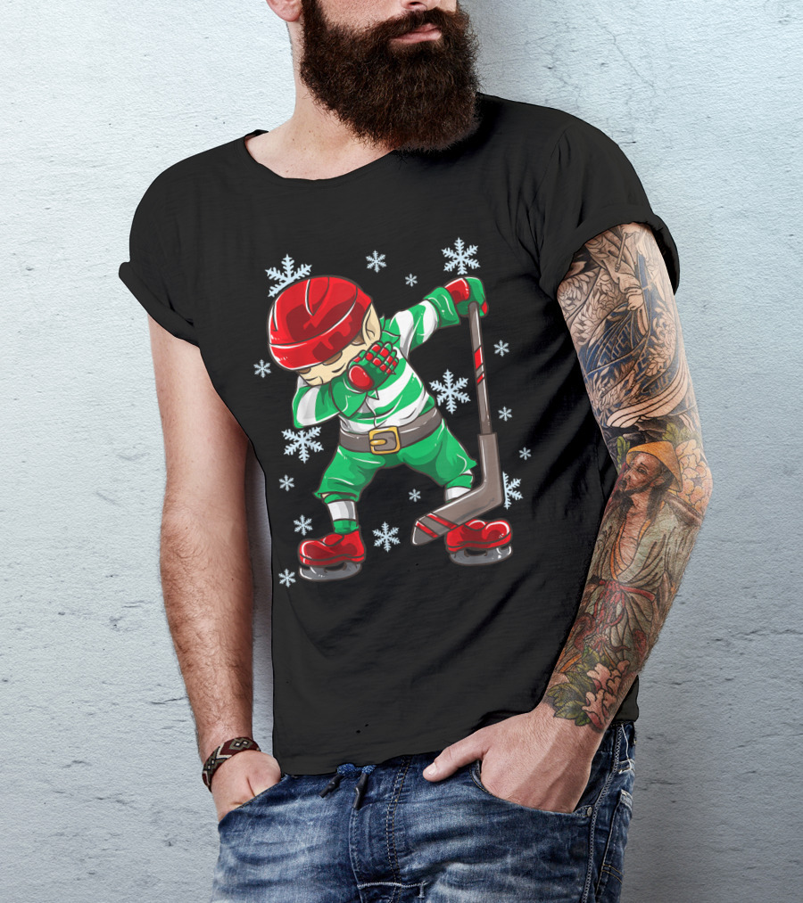 Christmas Elf Dabbing Ice Hockey Snowflake Squad T-Shirt