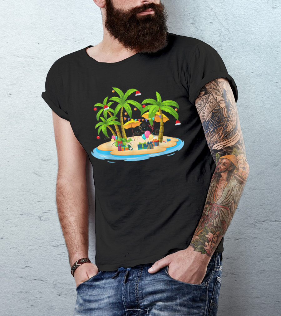 Tropical Christmas Island With Palm Trees And Coconuts T-Shirt