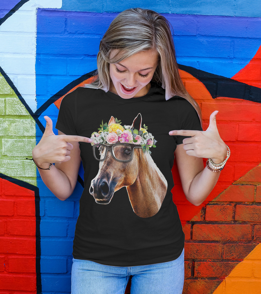 Floral Horse With Glasses Equestrian Farm Riding T-Shirt
