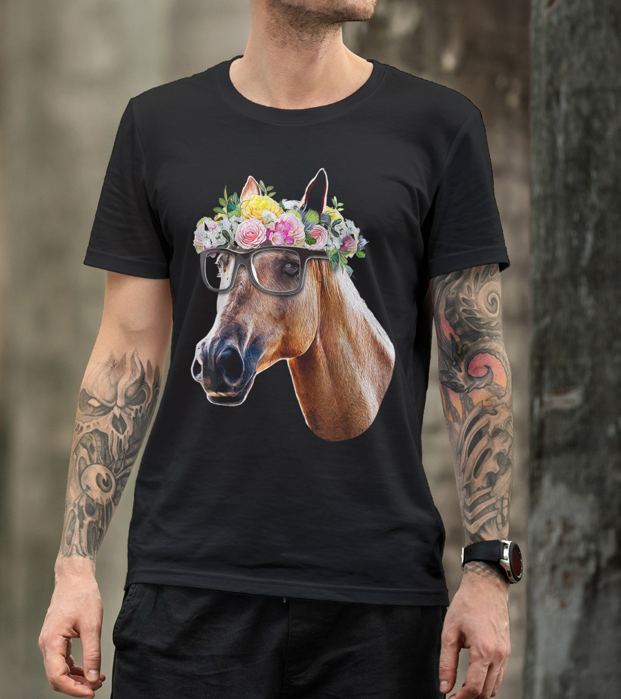 Floral Horse With Glasses Equestrian Farm Riding T-Shirt