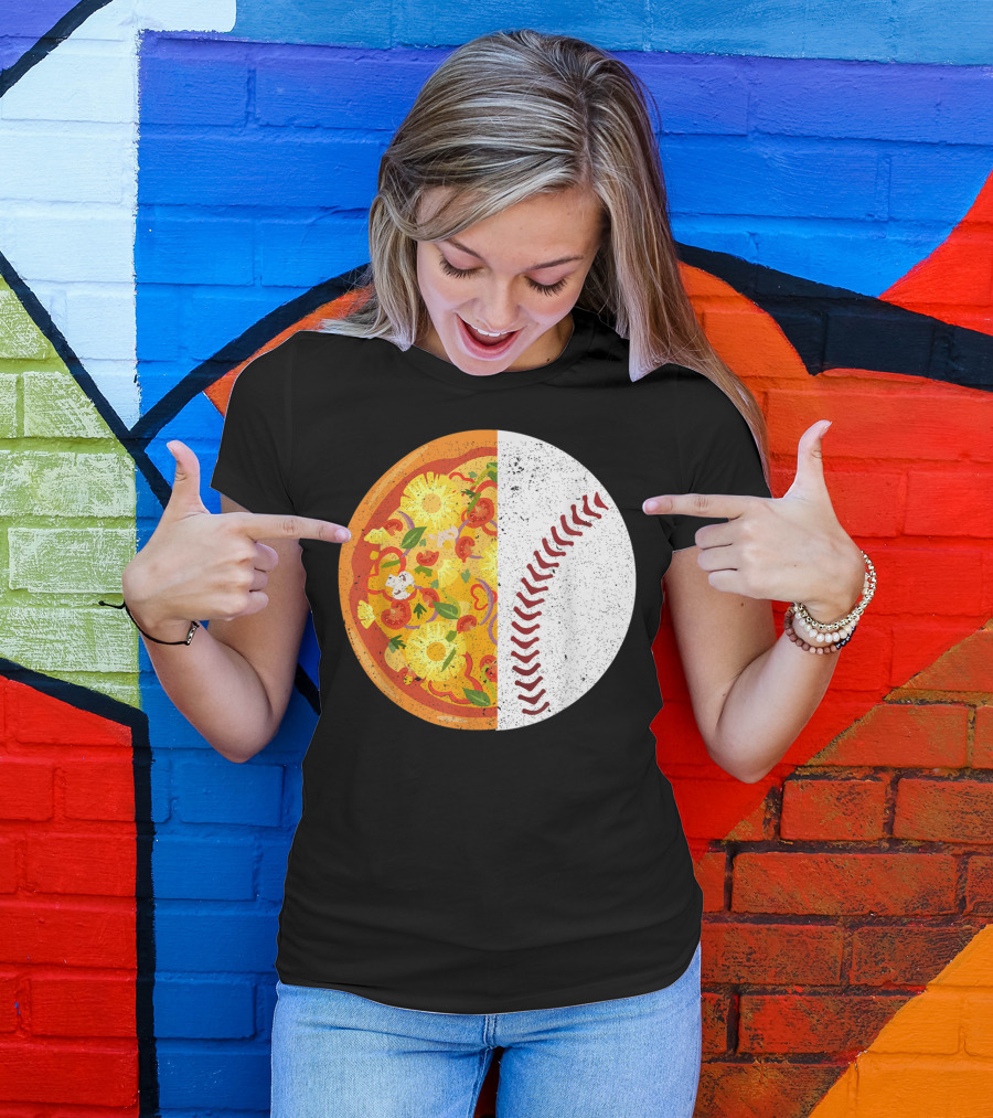 Funny Baseball Lover Eat Pizza Half Sport Pizza Baseball T-Shirt