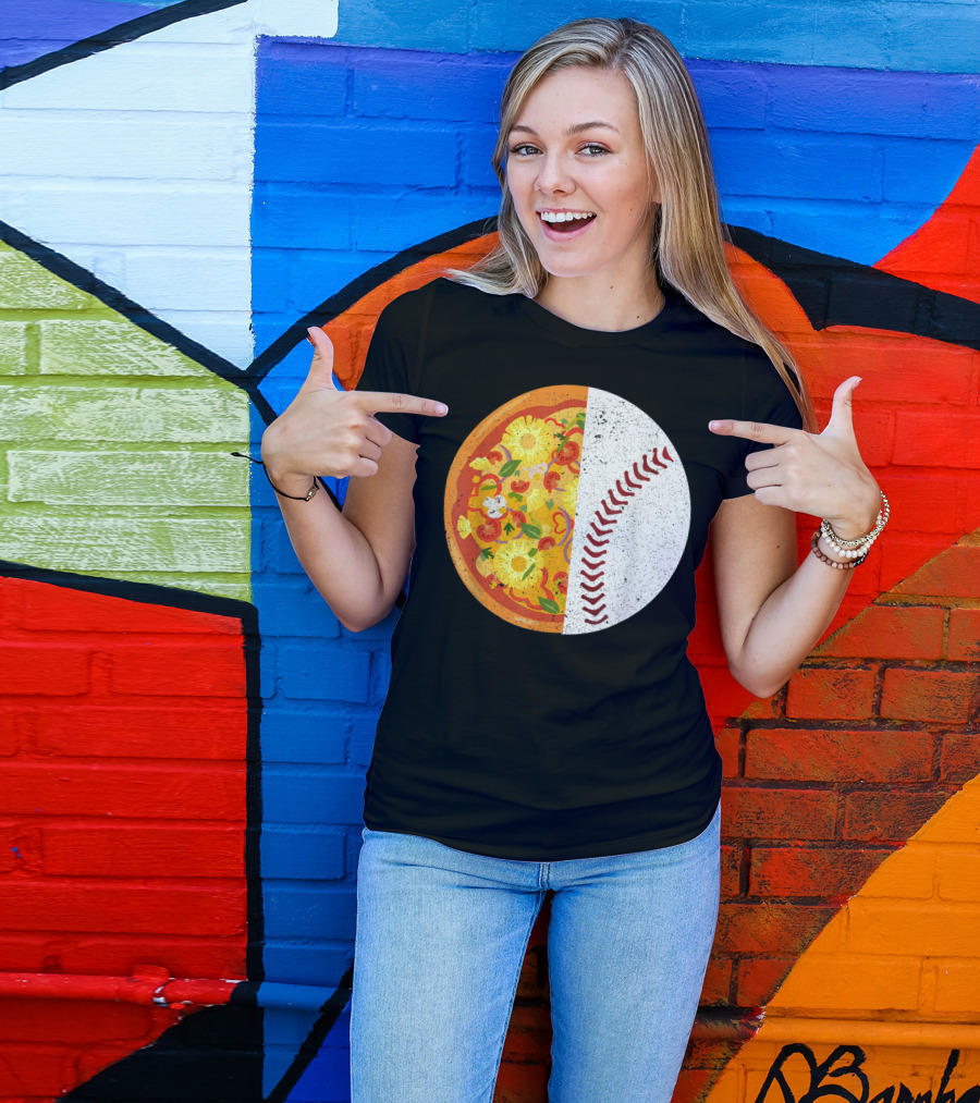 Funny Baseball Lover Eat Pizza Half Sport Pizza Baseball T-Shirt