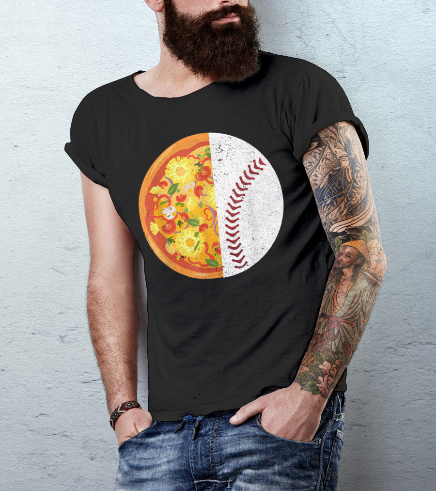 Funny Baseball Lover Eat Pizza Half Sport Pizza Baseball T-Shirt