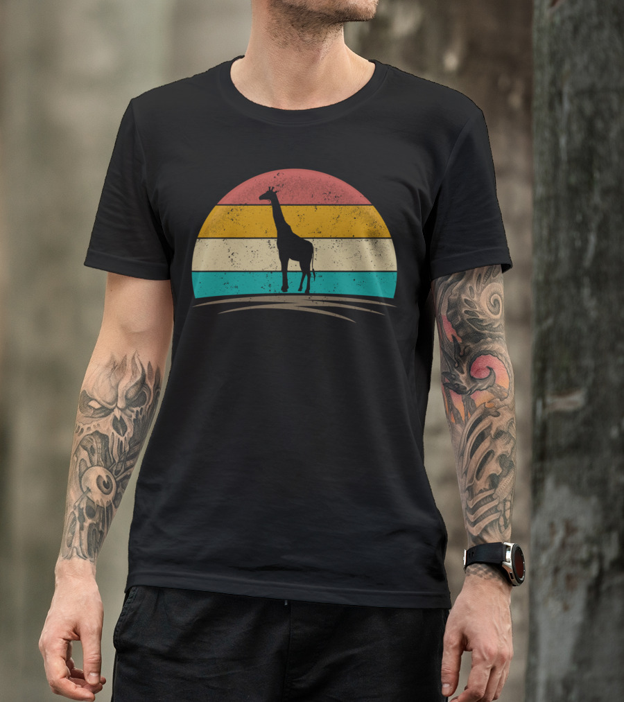 Vintage Giraffe Distressed Sunset Silhouette Giraffe Stripe Retro T-Shirt