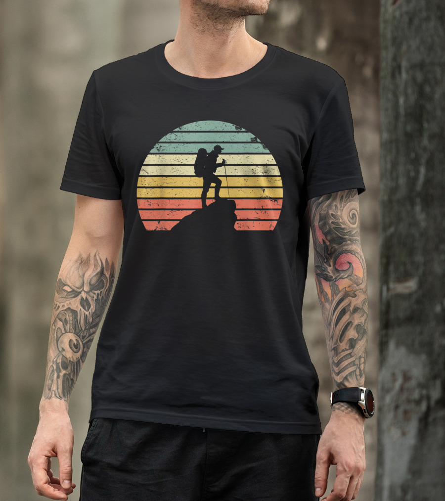 Retro Hiking Hiker Silhouette On Mountain Rock And Sunset Stripes T-Shirt