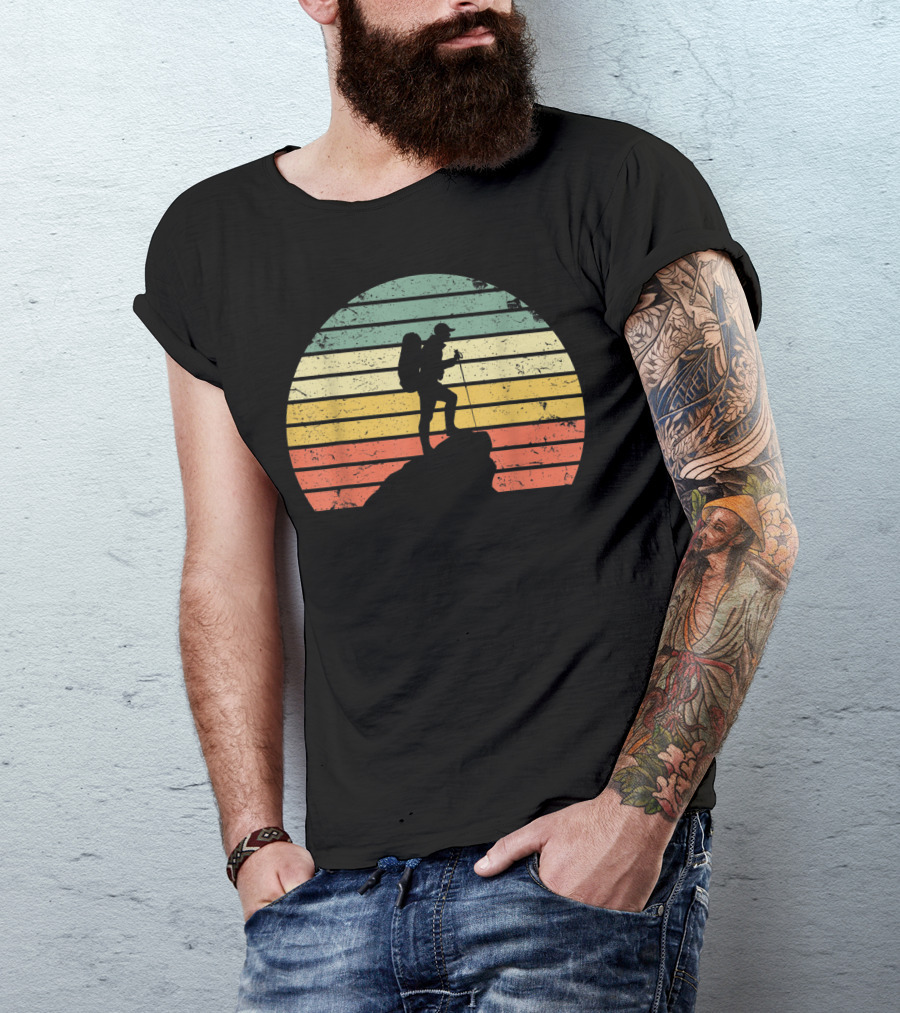 Retro Hiking Hiker Silhouette On Mountain Rock And Sunset Stripes T-Shirt