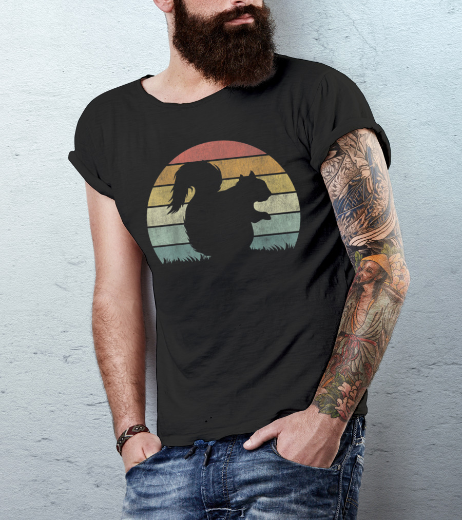 Vintage Sunset Squirrel Silhouette Stripes Retro Chestnut T-Shirt