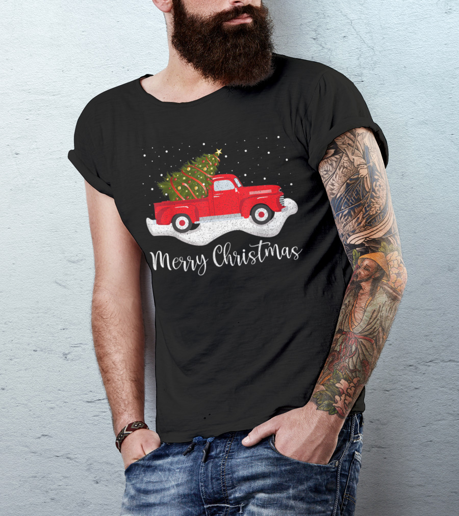 Merry Christmas Vintage Red Truck With Christmas Tree T-Shirt