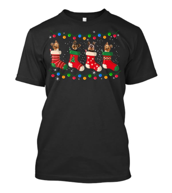 Yorkie Stockings With Christmas Lights And Funny T-Shirt
