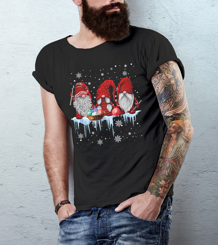 Hanging With Red Gnomies Crochet Funny Gnome Snowflakes And Yarn On Ice T-Shirt