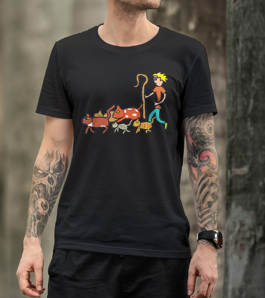 Herding Cats Cartoon Shepherd With Colorful Cats Scene T-Shirt