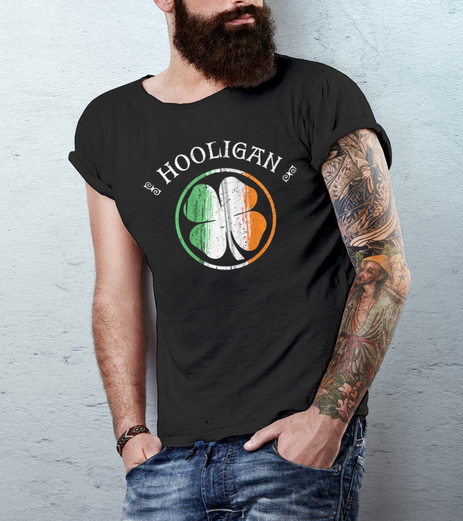 Hooligan Irish Shamrock Flag St Patrick's Day Clover Emblem T-Shirt