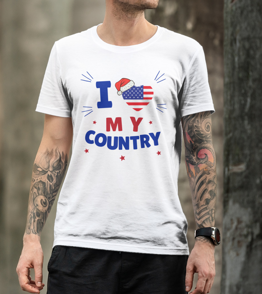 I Love My Country Heart Flag Santa Hat Patriotic Merry Christmas T-Shirt