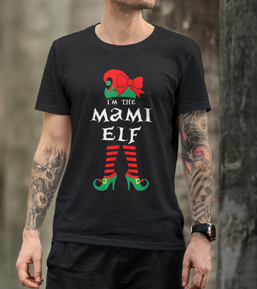 I'm The Mami Elf Striped Leg Red Bow Hat T-Shirt