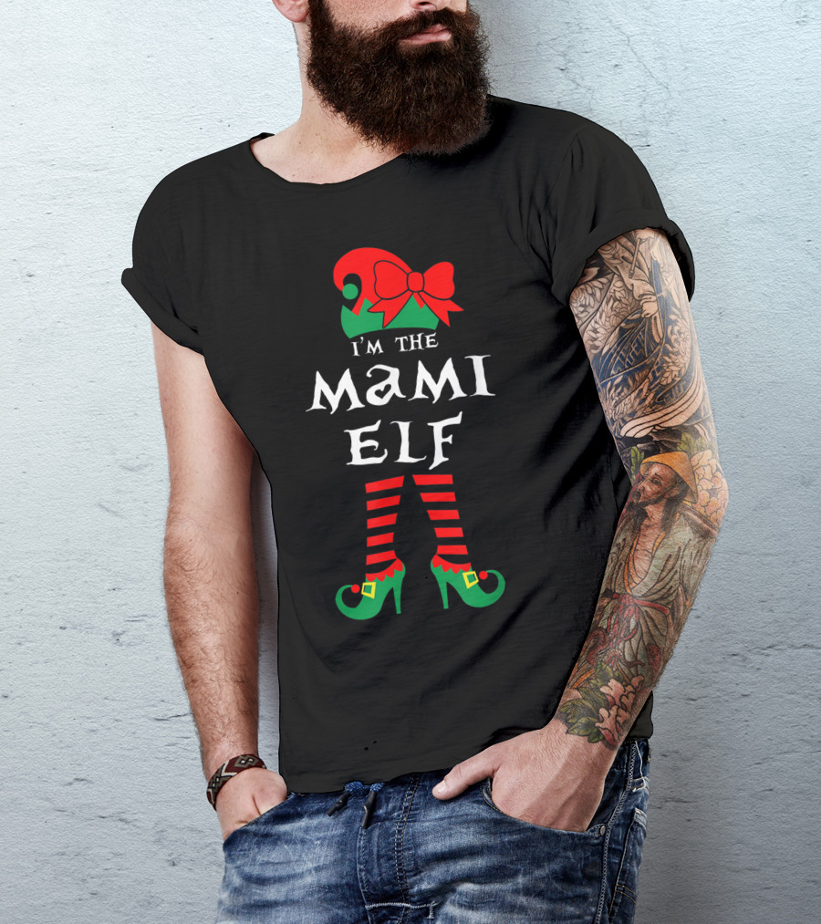 I'm The Mami Elf Striped Leg Red Bow Hat T-Shirt