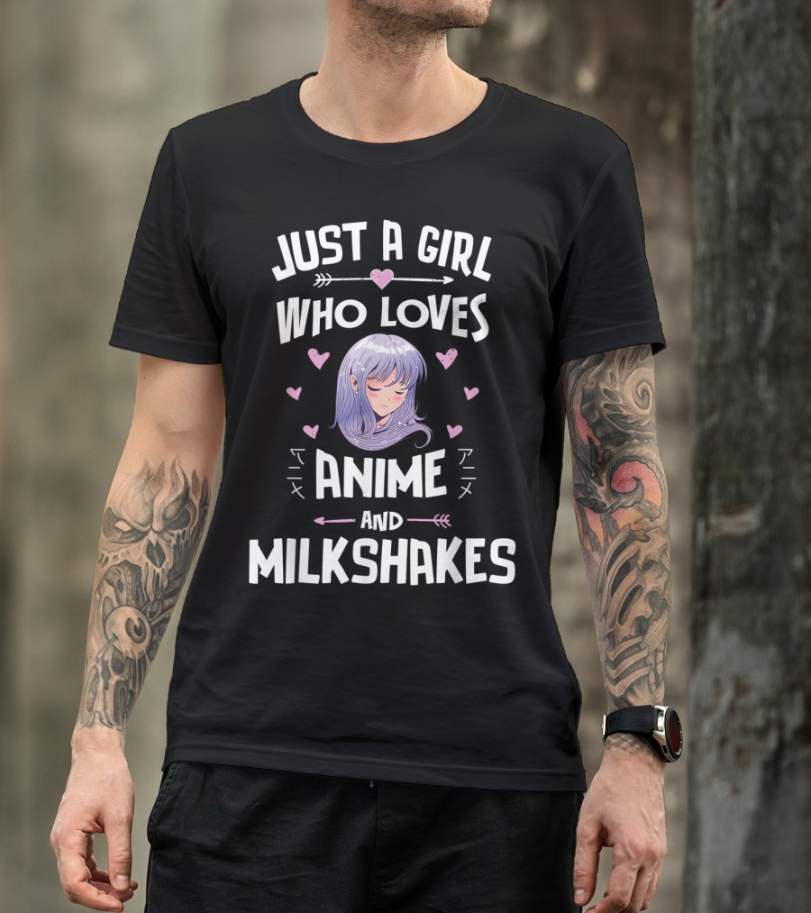 Just A Girl Who Loves Anime And Milkshakes With Purple Hair And Hearts T-Shirt
