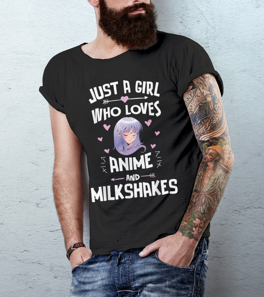 Just A Girl Who Loves Anime And Milkshakes With Purple Hair And Hearts T-Shirt