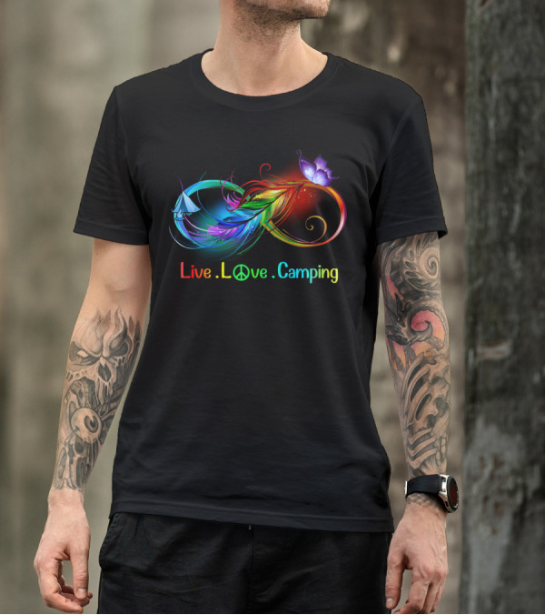 Live Love Camping Hippie Peace Infinity Rainbow Feather Tent Butterfly T-Shirt