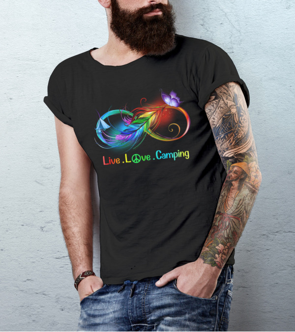 Live Love Camping Hippie Peace Infinity Rainbow Feather Tent Butterfly T-Shirt