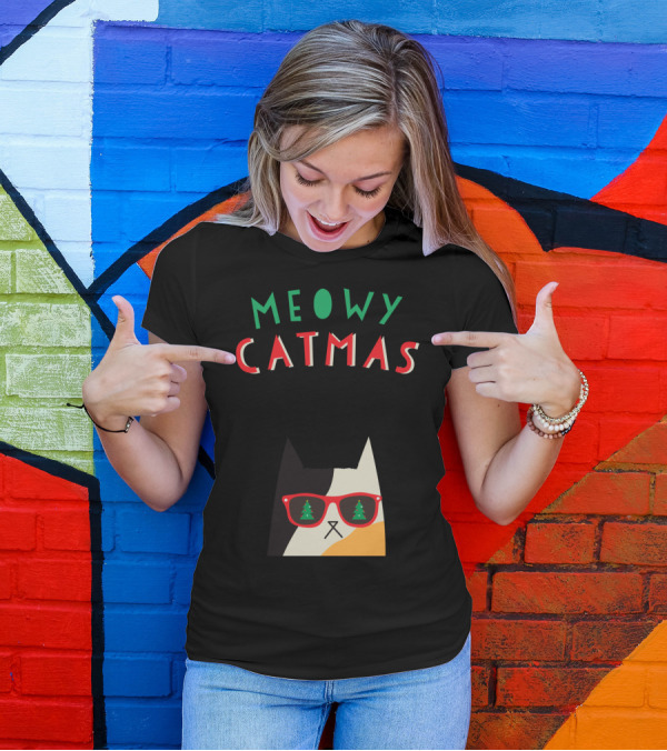 Meowy Catmas Christmas Calico Cat With Sunglasses And Trees T-Shirt