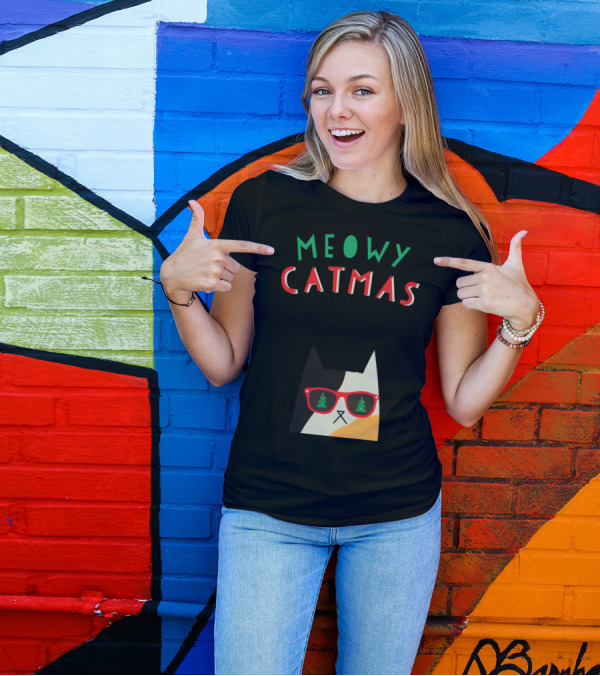 Meowy Catmas Christmas Calico Cat With Sunglasses And Trees T-Shirt